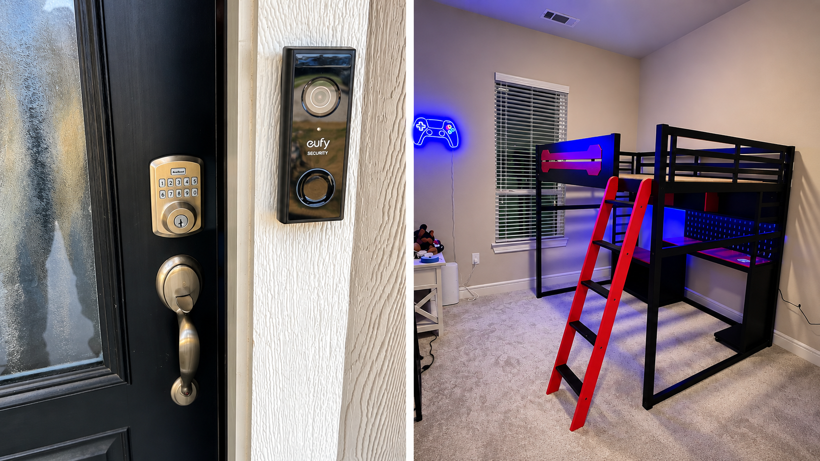 Handyman work by N&M Services: a new doorbell camera and keypad deadbolt installed on a front door, and a loft bed with ladder assembled in a bedroom.