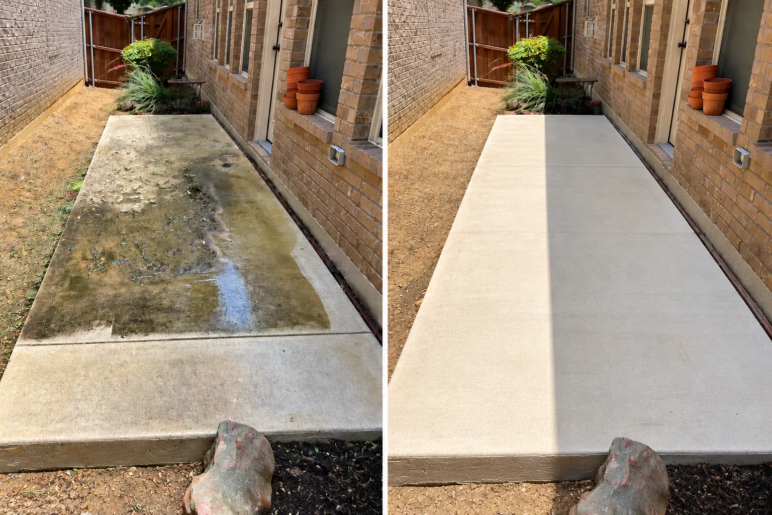 Concrete patio pressure washed by N&M Services: before and after comparison showing years of buildup removed and the surface restored.
